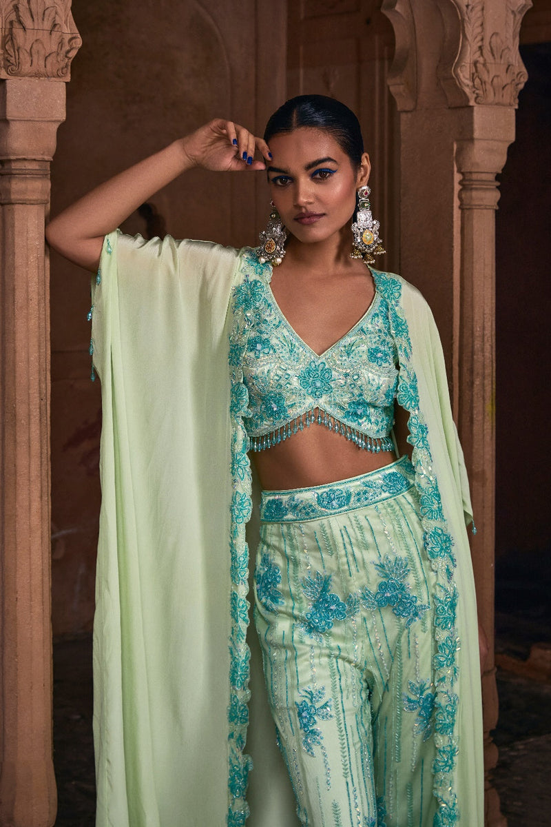 Mint Green Full Embroidered Cape Set