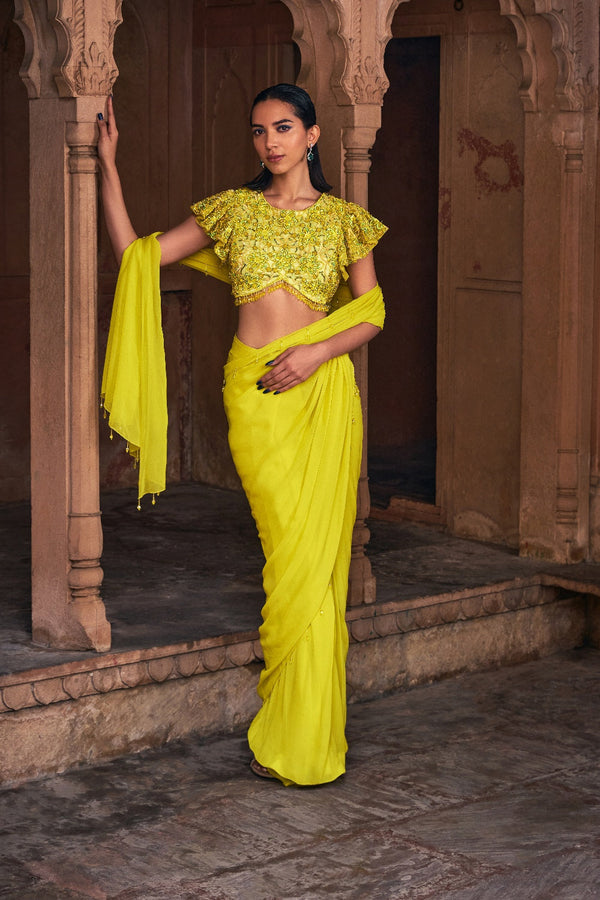 Yellow Embroidered Saree Set