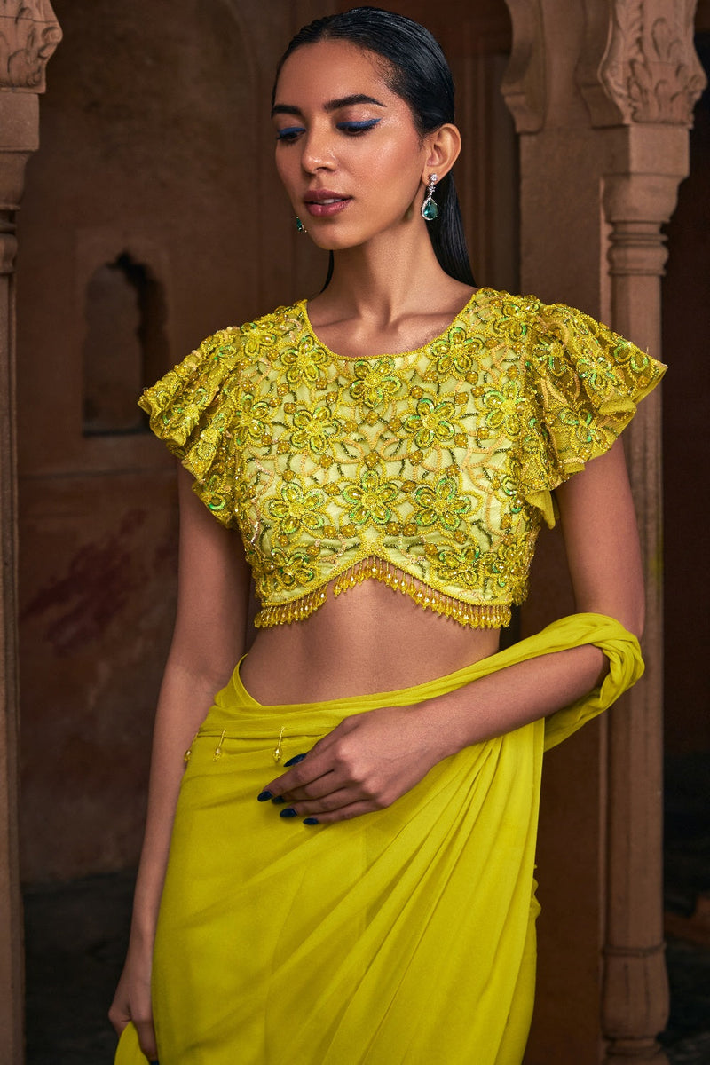 Yellow Embroidered Saree Set