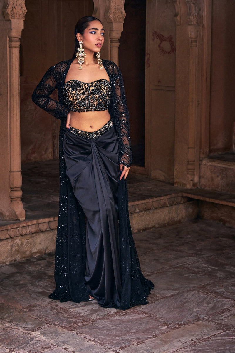 Black Embroidered Long Jacket Set