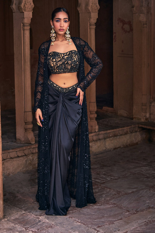 Black Embroidered Long Jacket Set