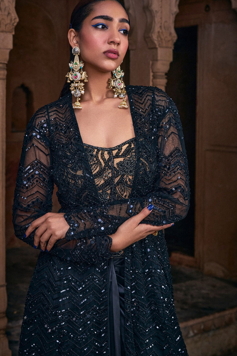 Black Embroidered Long Jacket Set