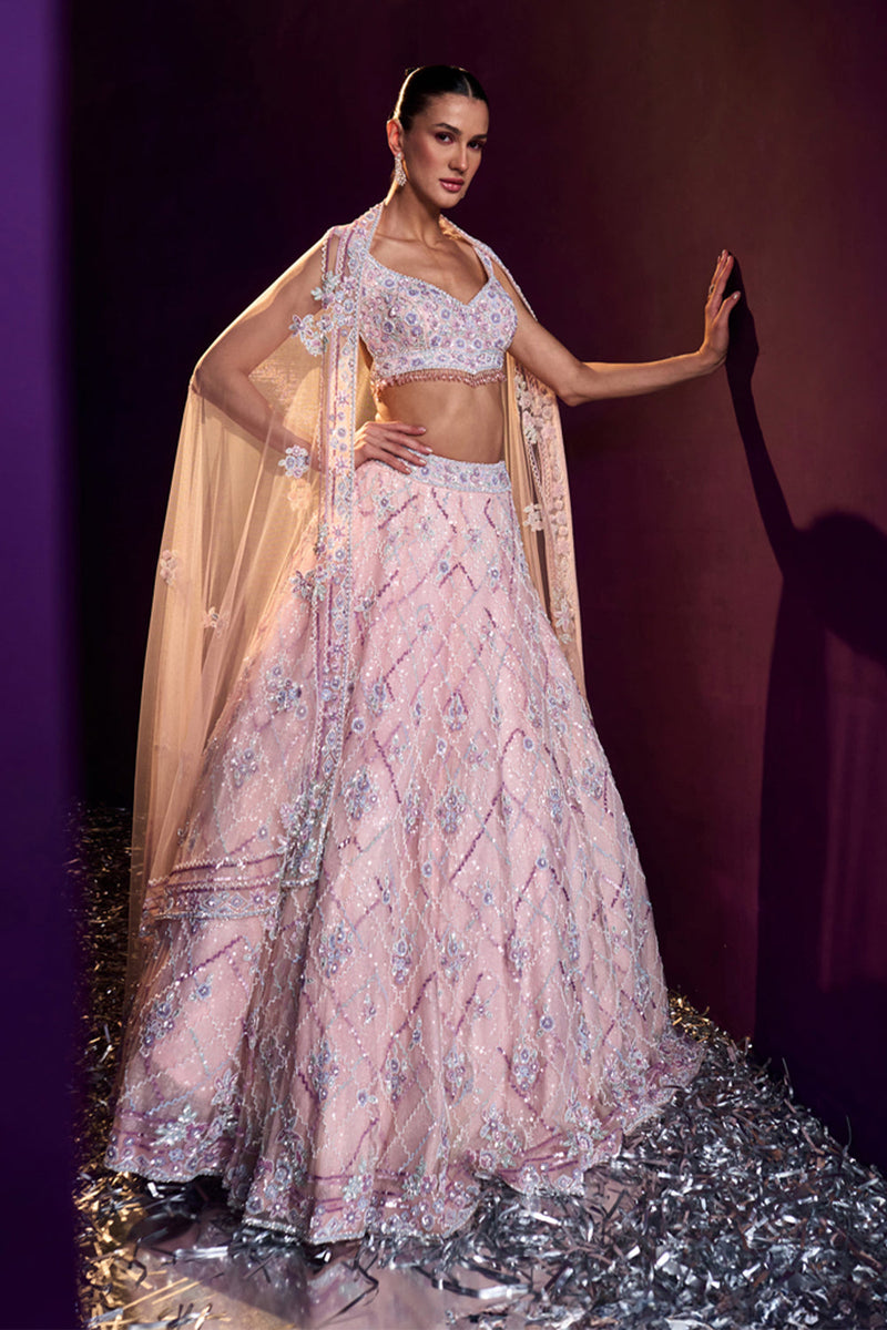 Pink Net Lehenga Set