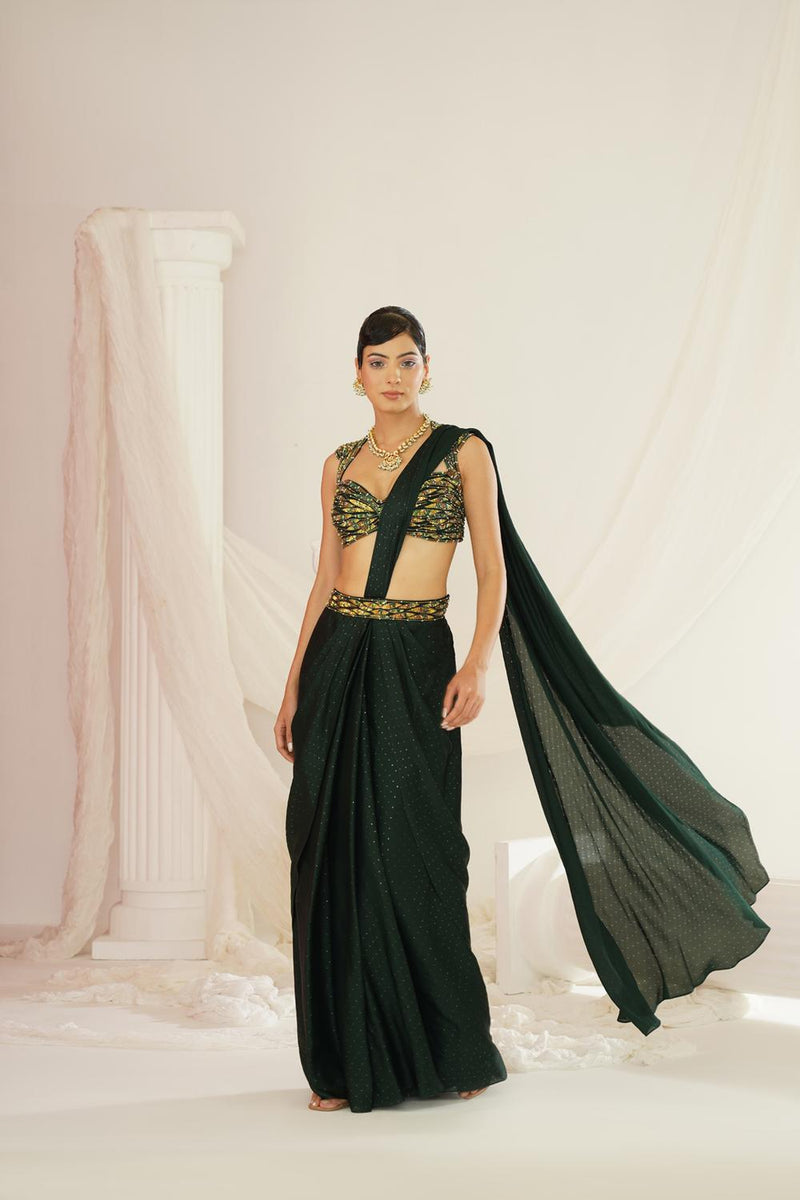 Forest Green Embroidered Blouse With
 Ready To Wear Drape Saree Set