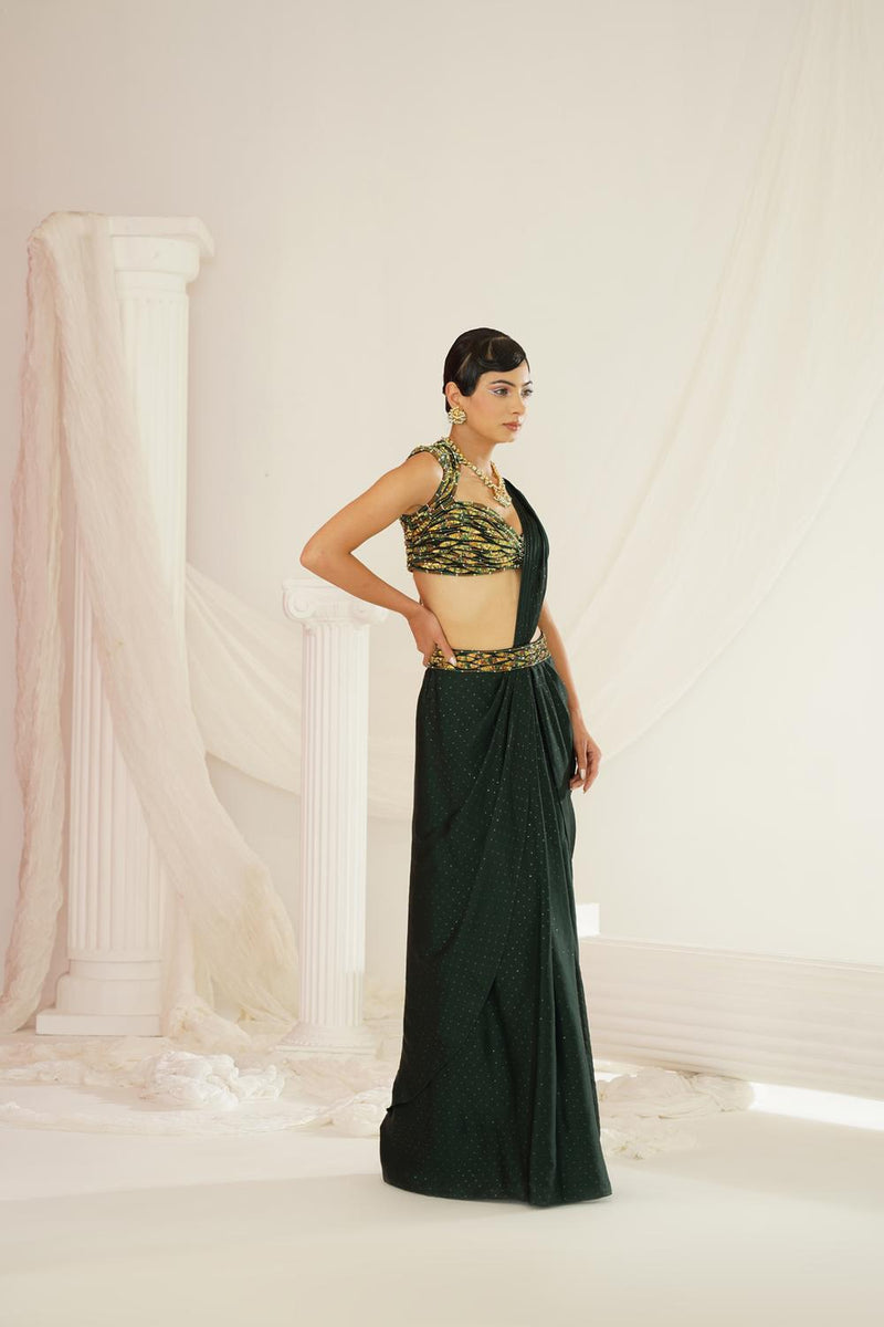 Forest Green Embroidered Blouse With
 Ready To Wear Drape Saree Set