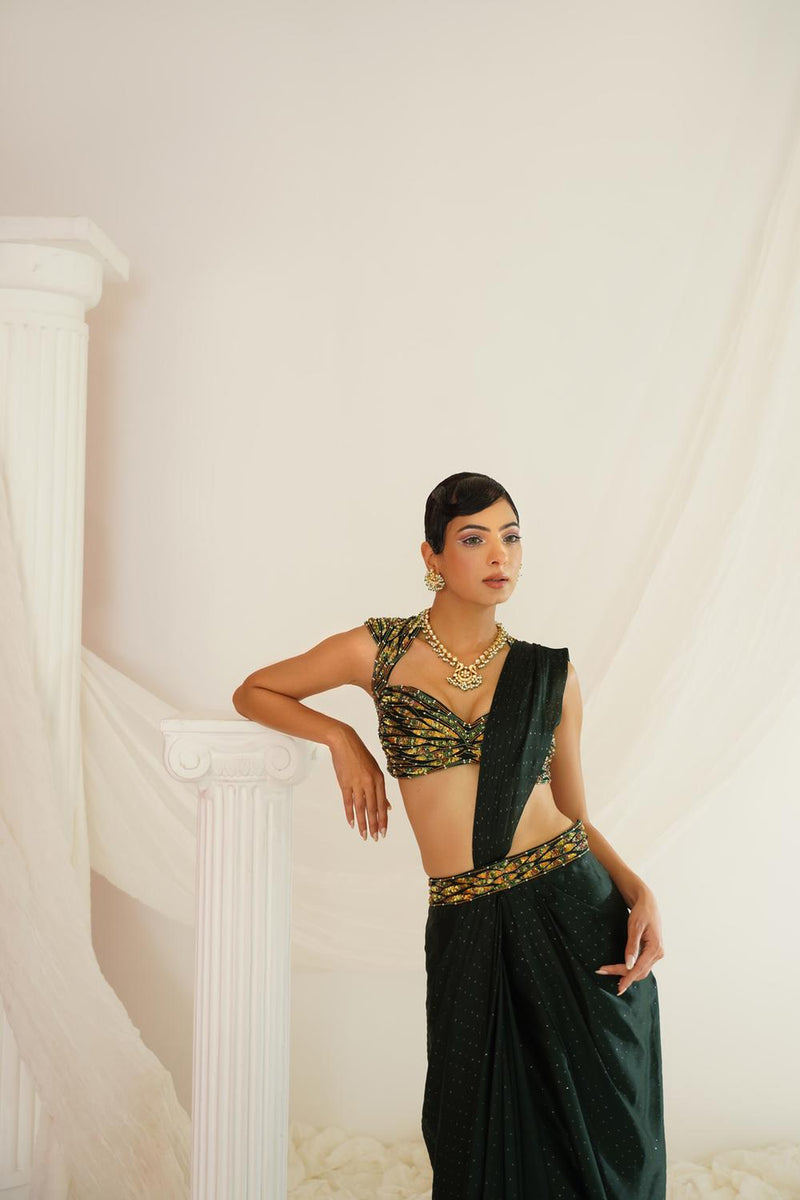 Forest Green Embroidered Blouse With
 Ready To Wear Drape Saree Set