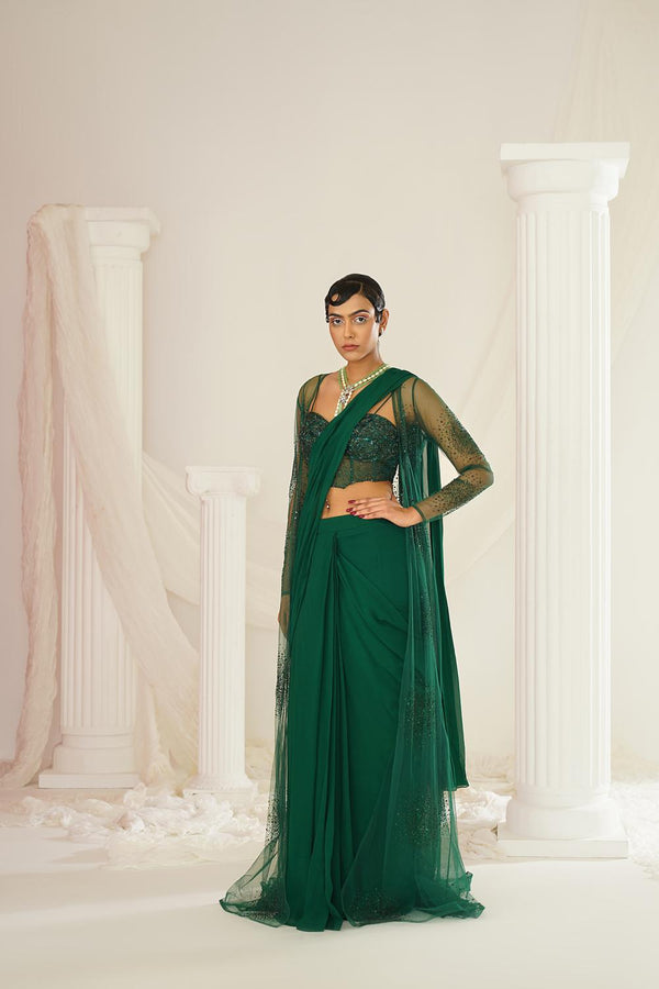 Bottle Green Embellished Corset Blouse, Ready To Wear Saree And Long Jacket