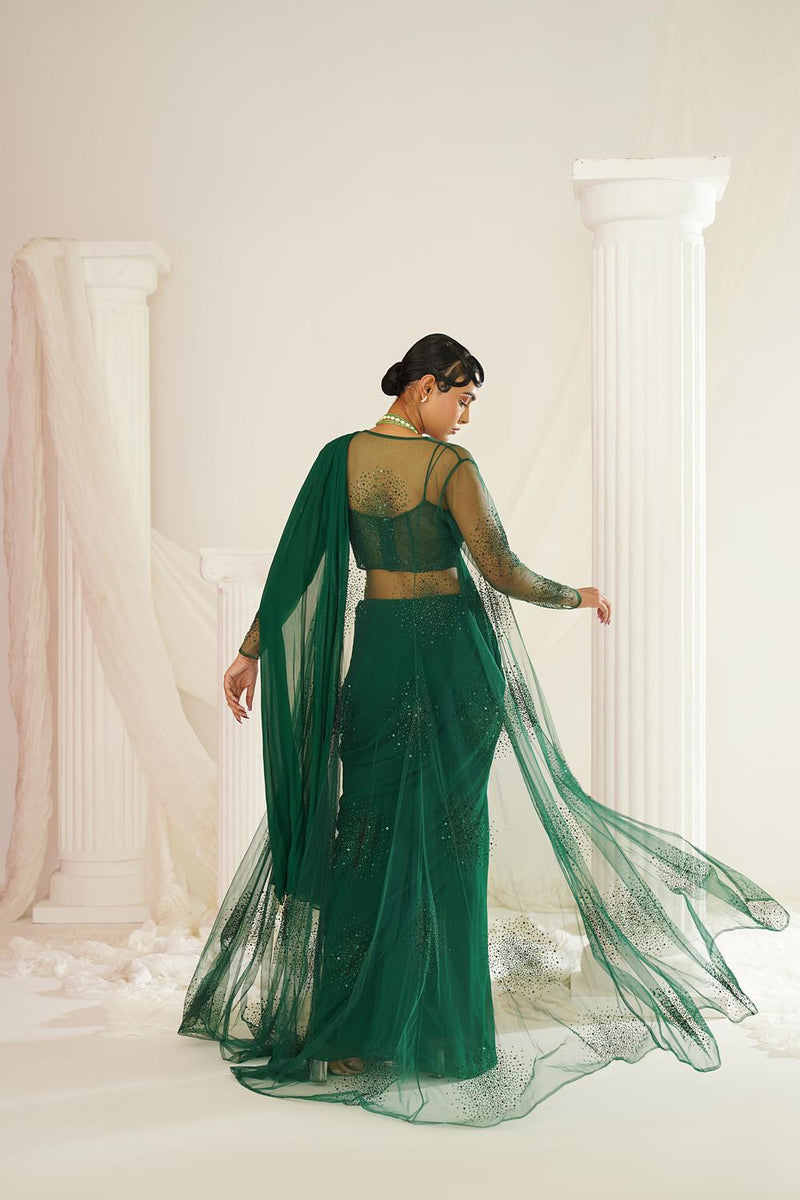 Bottle Green Embellished Corset Blouse, Ready To Wear Saree And Long Jacket