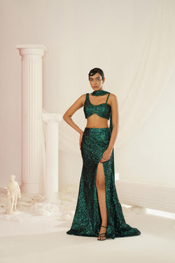 Bottle Green Embellished Choli, Skirt And Chokar Dupatta