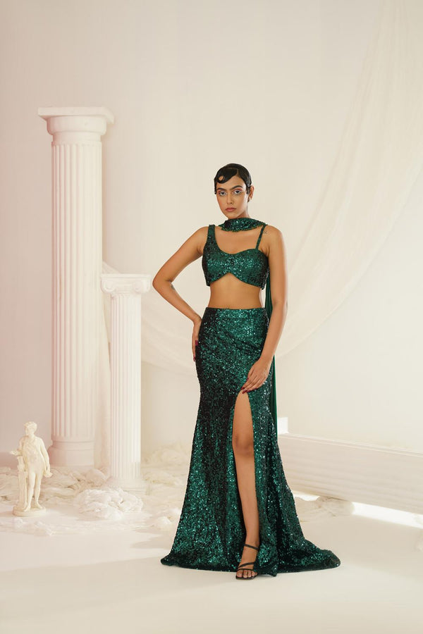 Bottle Green Embellished Choli, Skirt And Chokar Dupatta