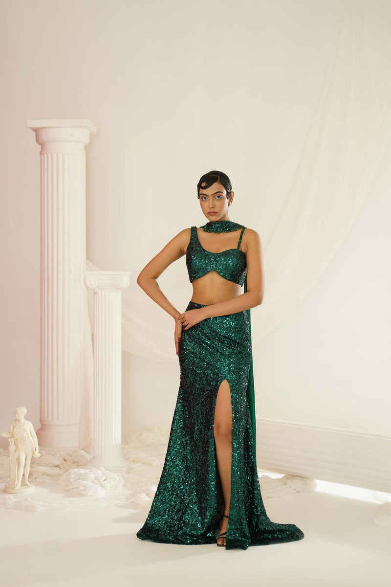 Bottle Green Embellished Choli, Skirt And Chokar Dupatta