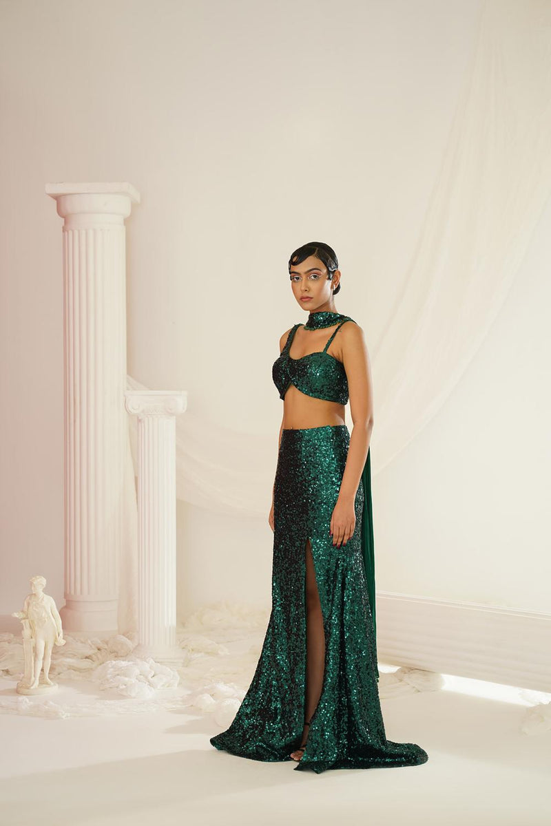 Bottle Green Embellished Choli, Skirt And Chokar Dupatta