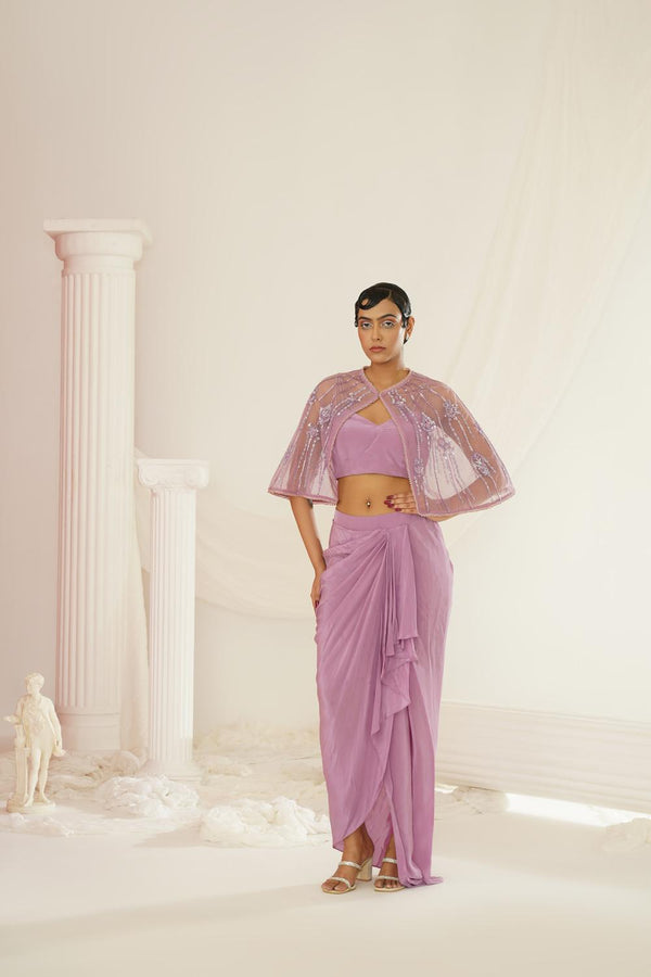 Lavender Embroidered Blouse With
 Ready To Wear Drape Dhoti Set