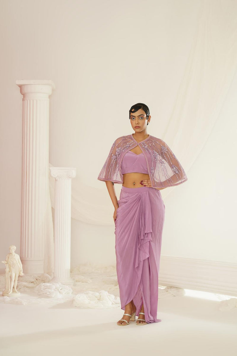 Lavender Embroidered Blouse With
 Ready To Wear Drape Dhoti Set