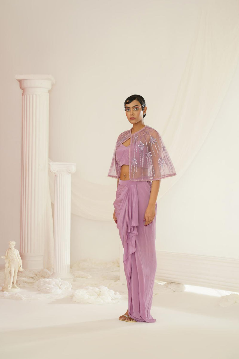 Lavender Embroidered Blouse With
 Ready To Wear Drape Dhoti Set