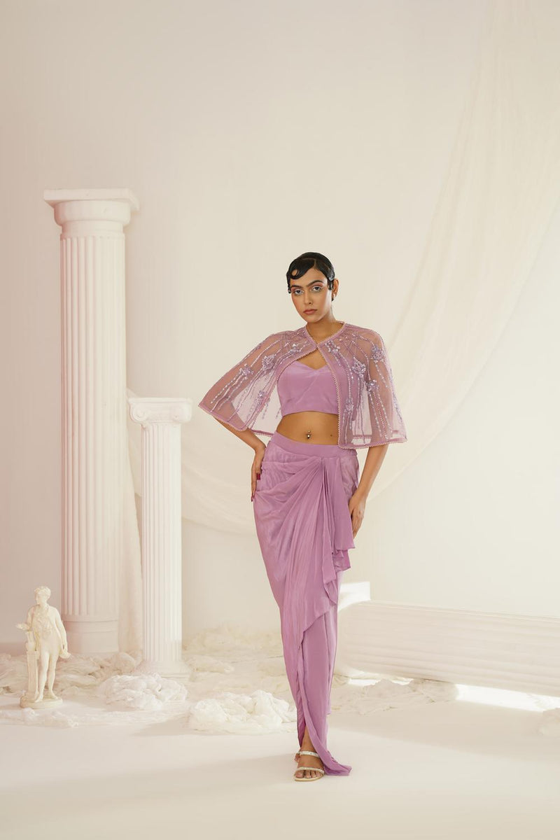 Lavender Embroidered Blouse With
 Ready To Wear Drape Dhoti Set