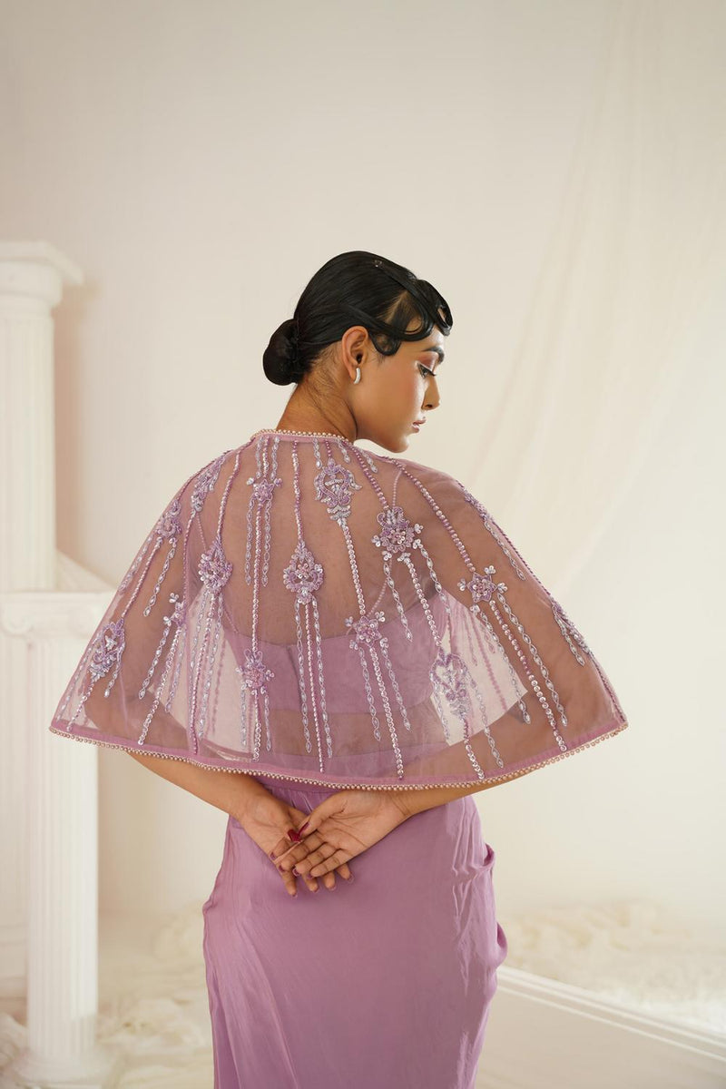 Lavender Embroidered Blouse With
 Ready To Wear Drape Dhoti Set