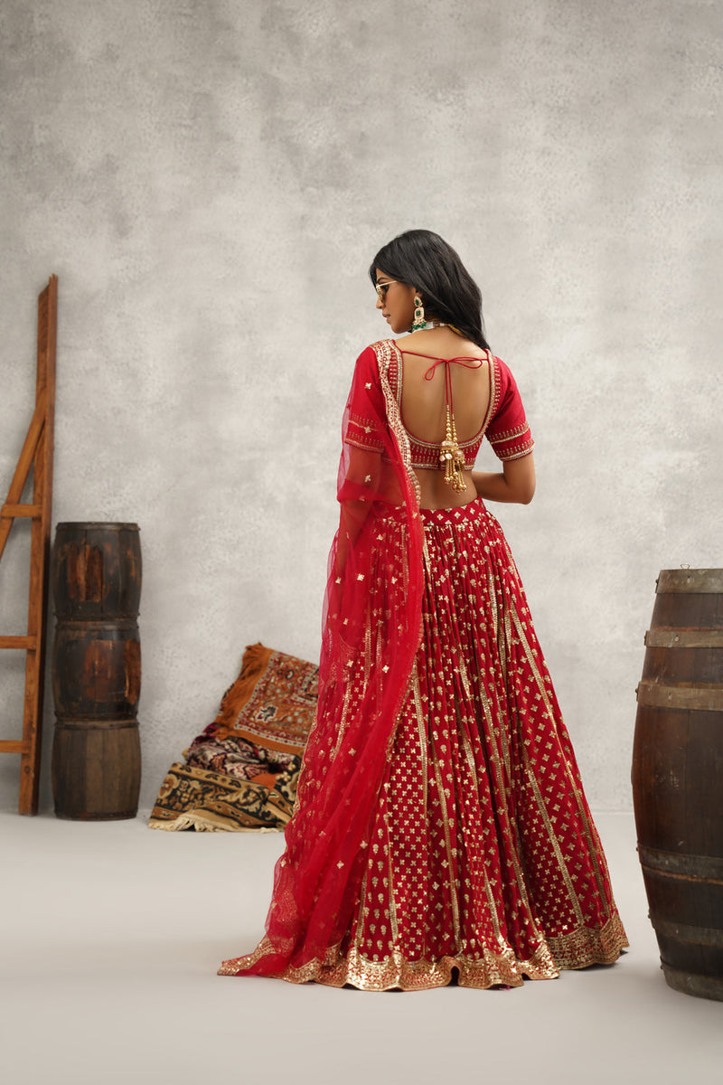 Maroon Sequins Embroidered Lehenga, Blouse And Dupatta Set