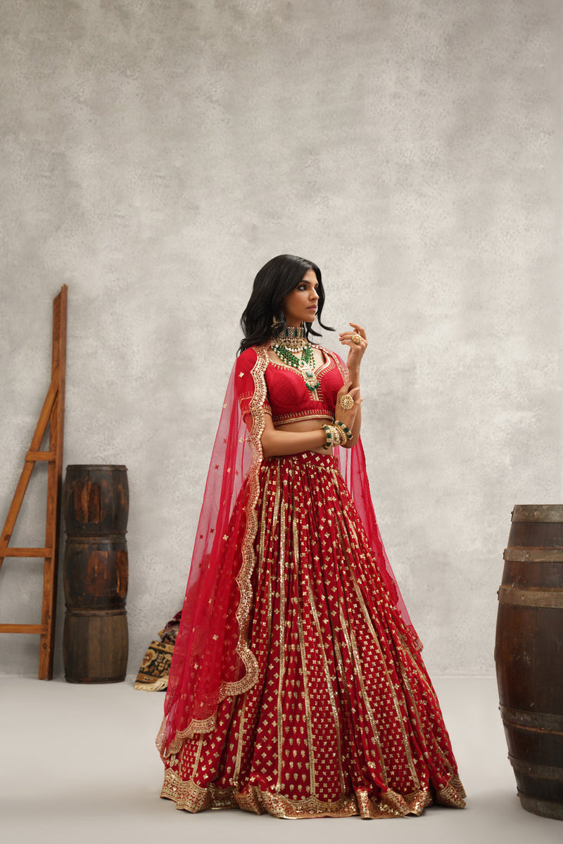 Maroon Sequins Embroidered Lehenga, Blouse And Dupatta Set