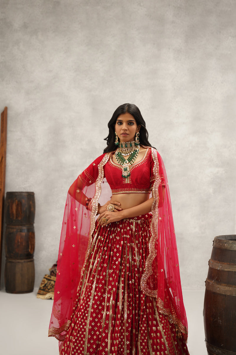 Maroon Sequins Embroidered Lehenga, Blouse And Dupatta Set