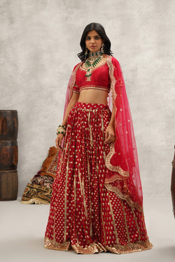 Maroon Sequins Embroidered Lehenga, Blouse And Dupatta Set