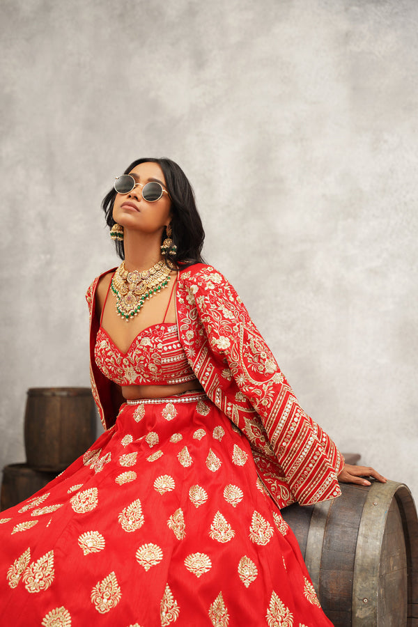 Red Embroidered Lehenga Set