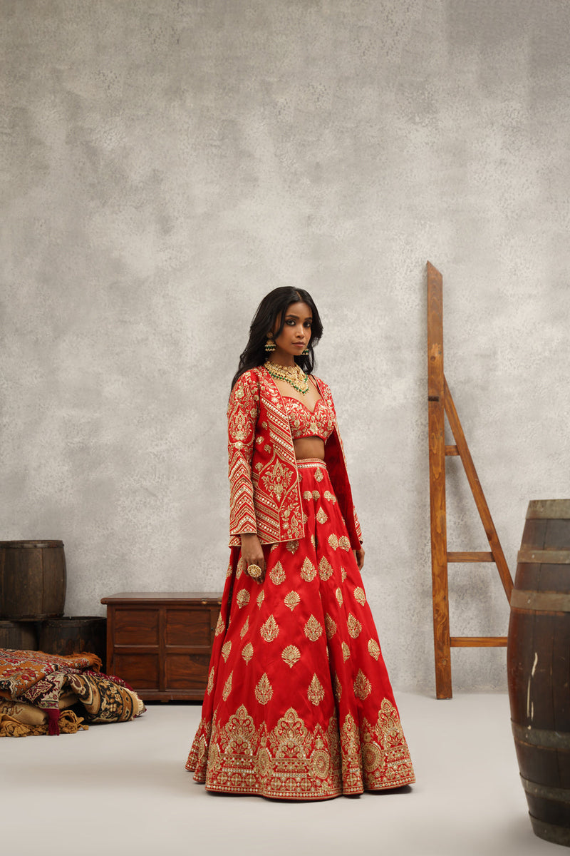 Red Embroidered Lehenga Set