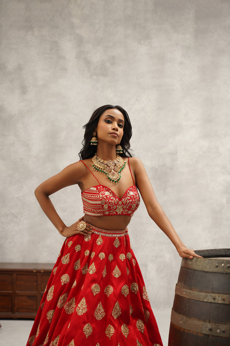 Red Embroidered Lehenga Set