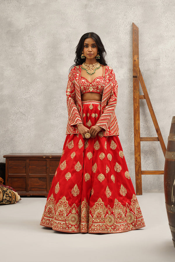 Red Embroidered Lehenga Set