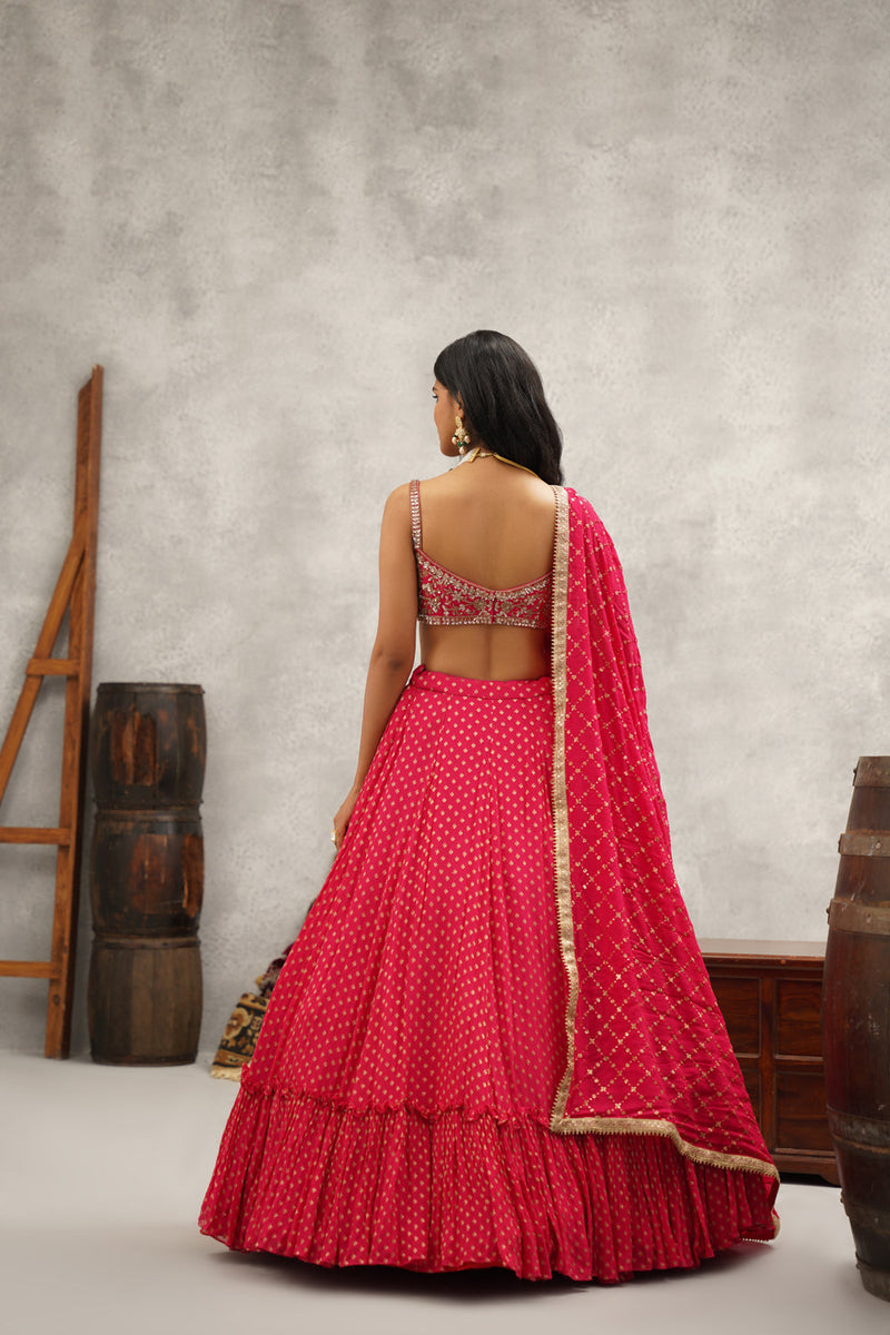 Fuchsia Embroidered Banarsi Georgette Blouse, Lehenga And Dupatta Set