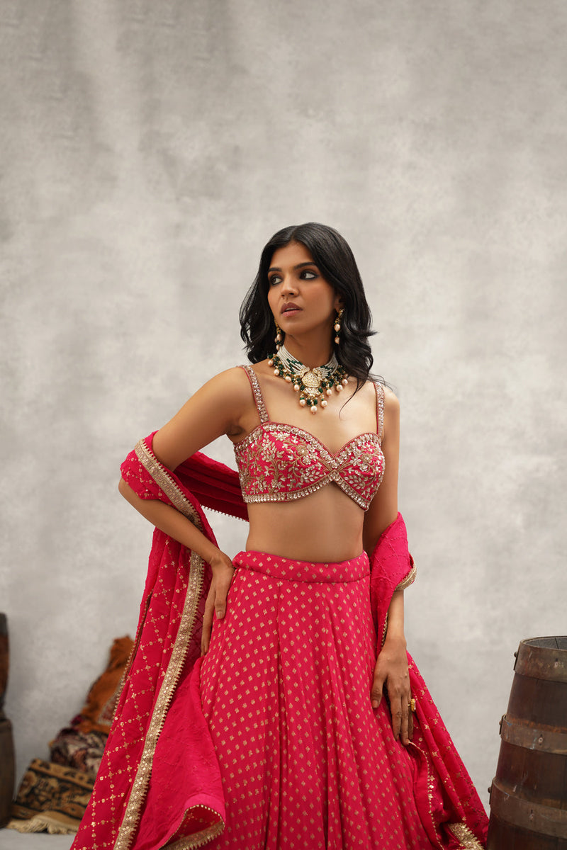 Fuchsia Embroidered Banarsi Georgette Blouse, Lehenga And Dupatta Set