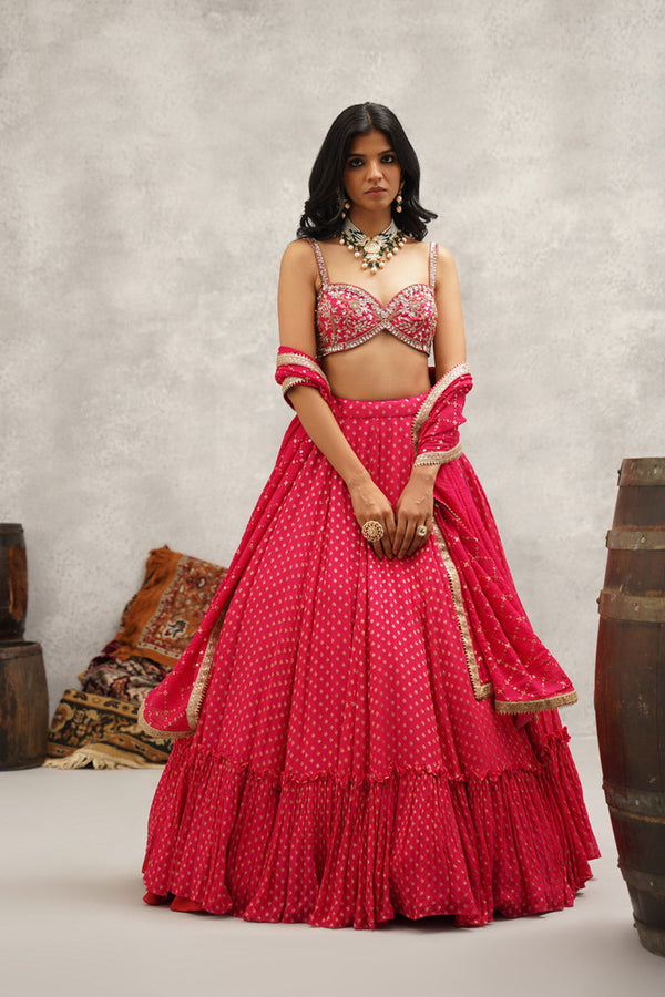 Fuchsia Embroidered Banarsi Georgette Blouse, Lehenga And Dupatta Set