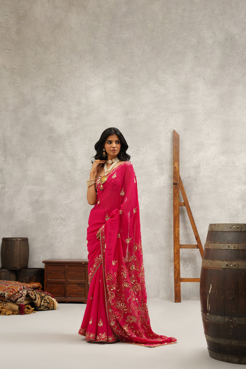 Fusia Embroidered Saree Set