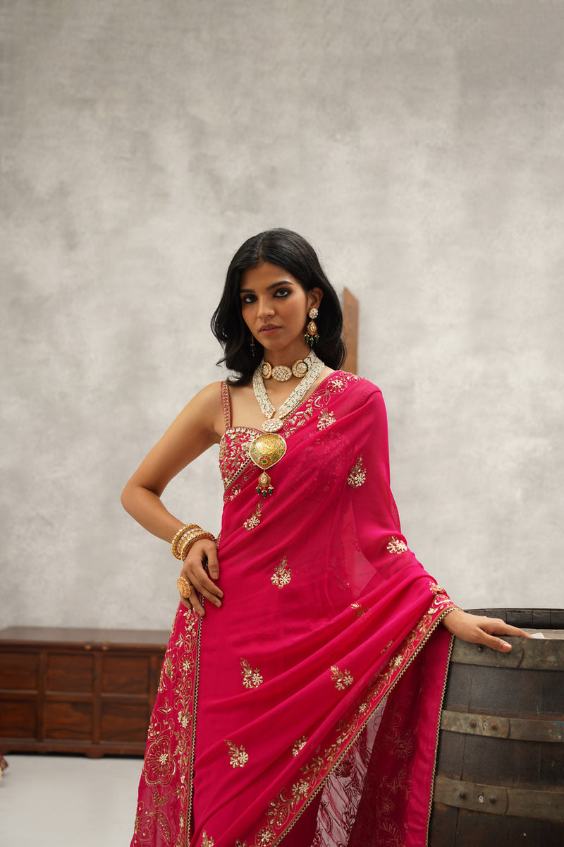 Fusia Embroidered Saree Set