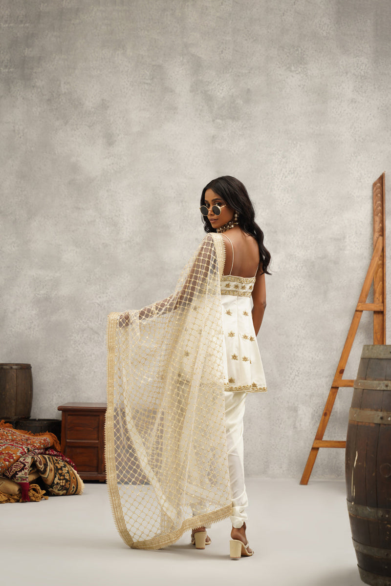 White Embroidered Peplum Dhoti Set