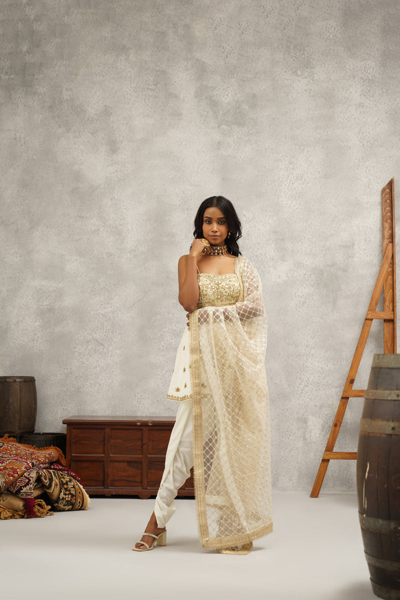 White Embroidered Peplum Dhoti Set