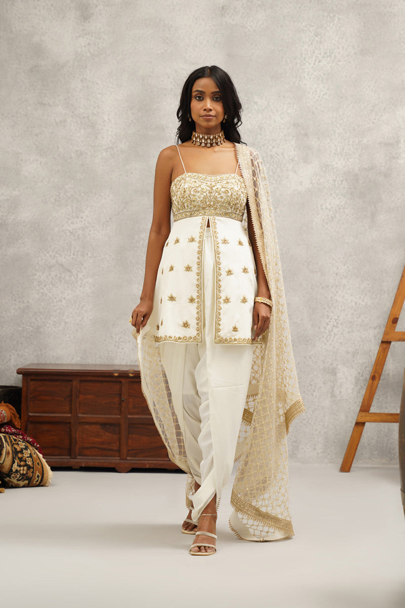 White Embroidered Peplum Dhoti Set