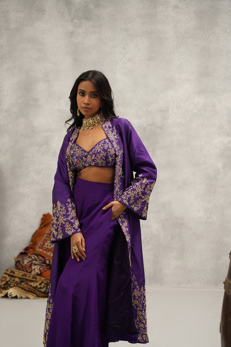 Purple Embroidered Jacket, Crop Top And Sharara Set