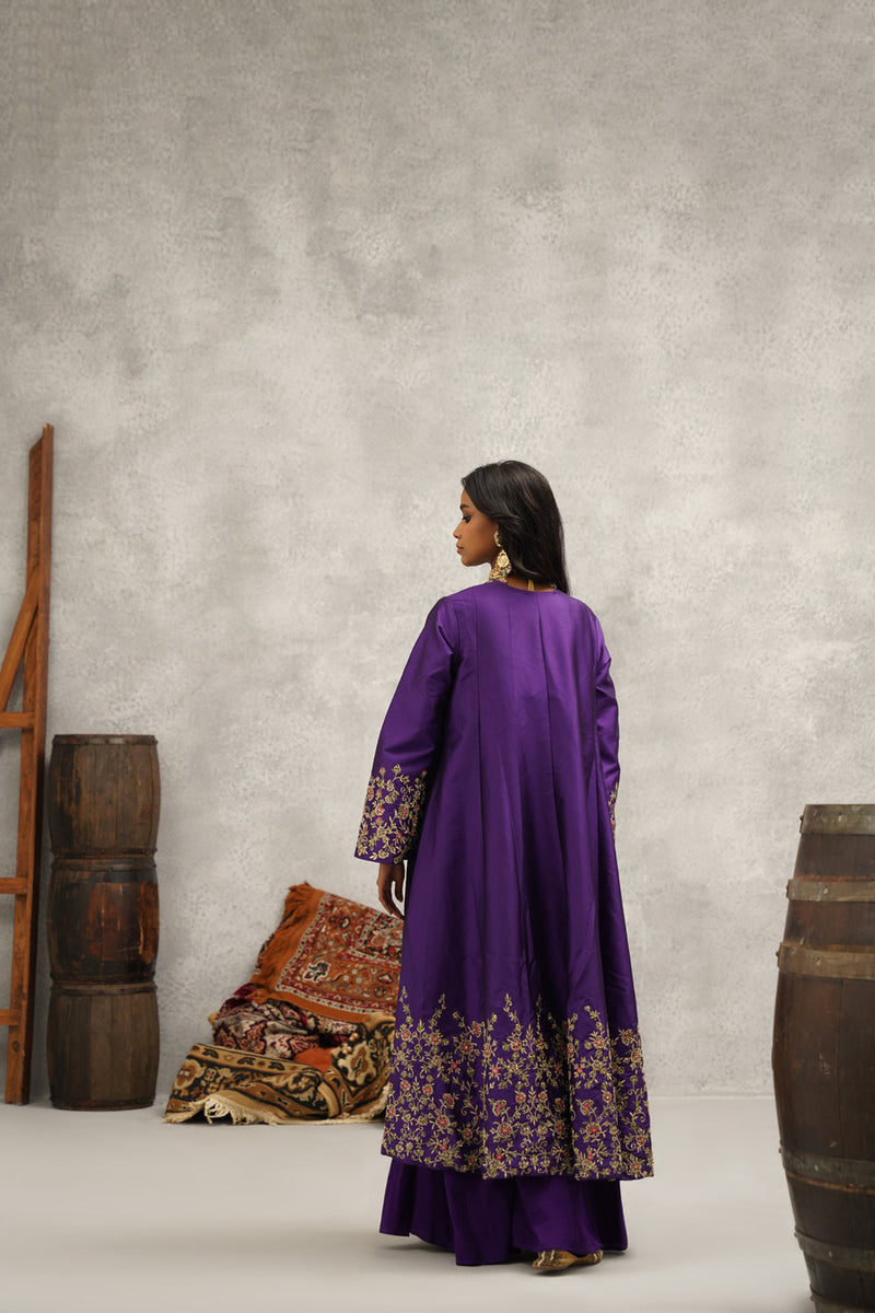 Purple Embroidered Jacket, Crop Top And Sharara Set