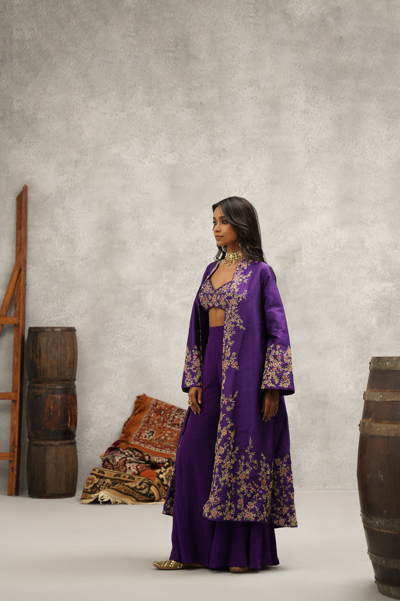 Purple Embroidered Jacket, Crop Top And Sharara Set