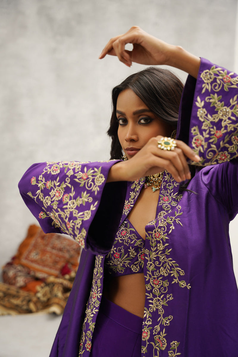 Purple Embroidered Jacket, Crop Top And Sharara Set