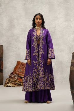 Purple Embroidered Jacket, Crop Top And Sharara Set