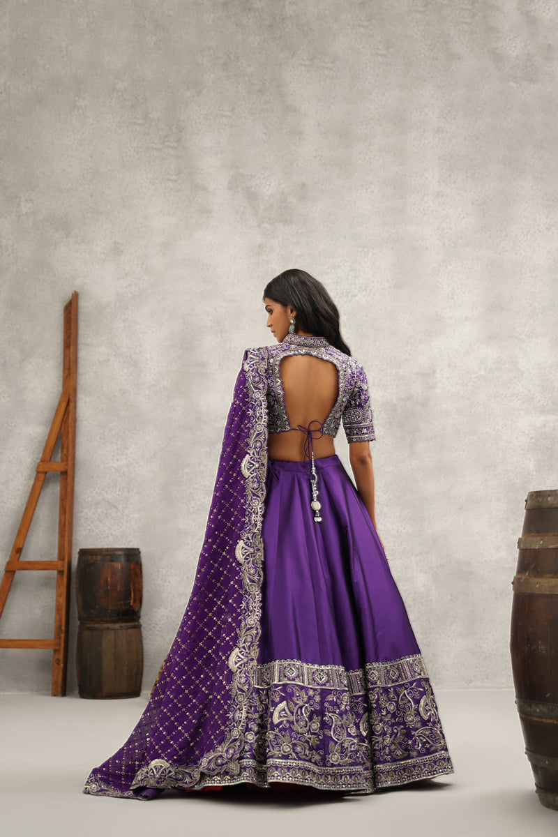 Purple Silk Embroidered Blouse, Lehenga And Dupatta Set