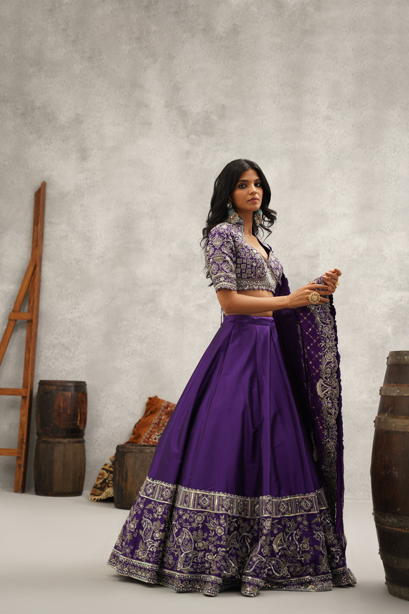 Purple Silk Embroidered Blouse, Lehenga And Dupatta Set