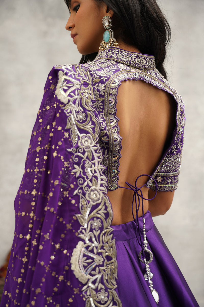 Purple Silk Embroidered Blouse, Lehenga And Dupatta Set