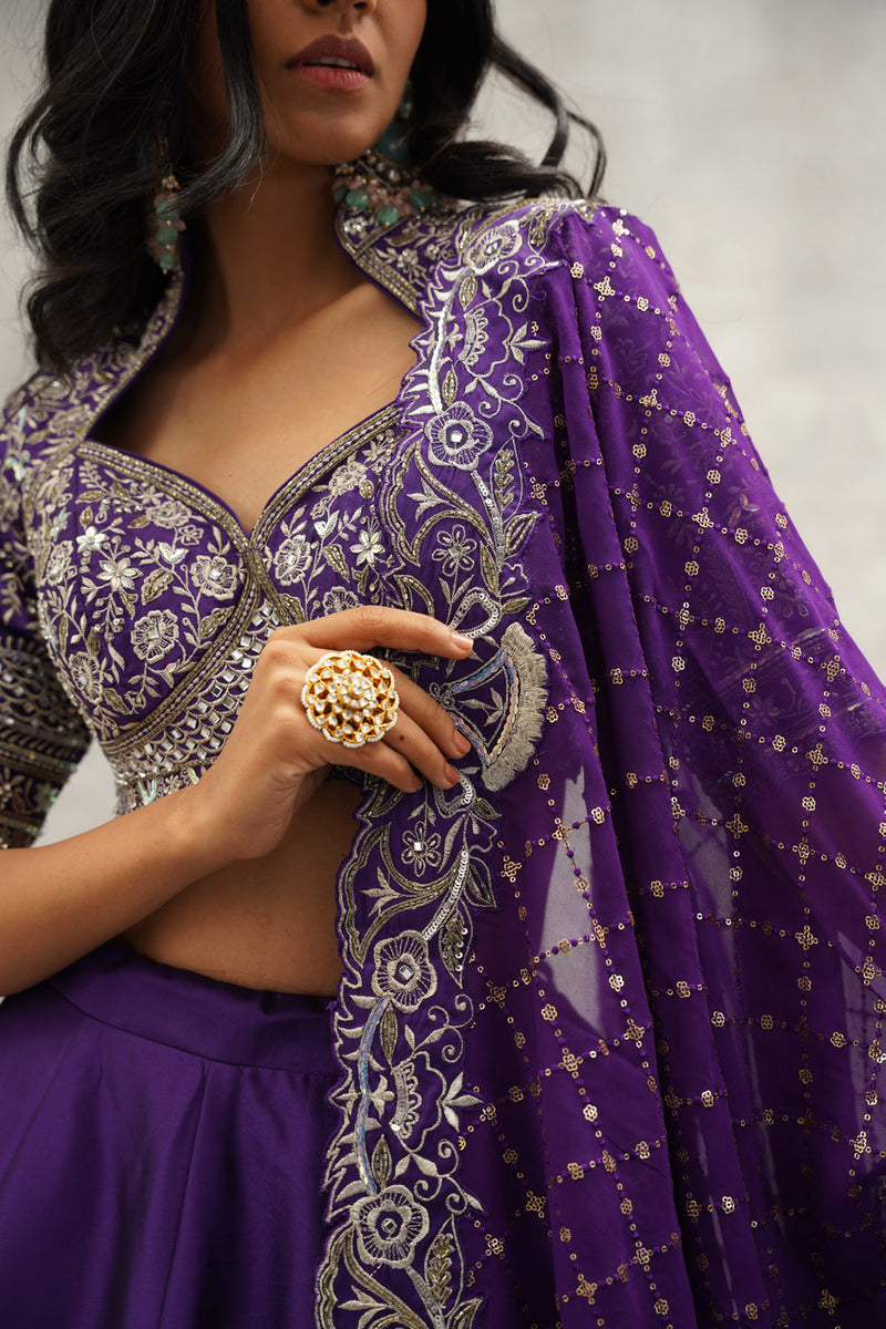 Purple Silk Embroidered Blouse, Lehenga And Dupatta Set