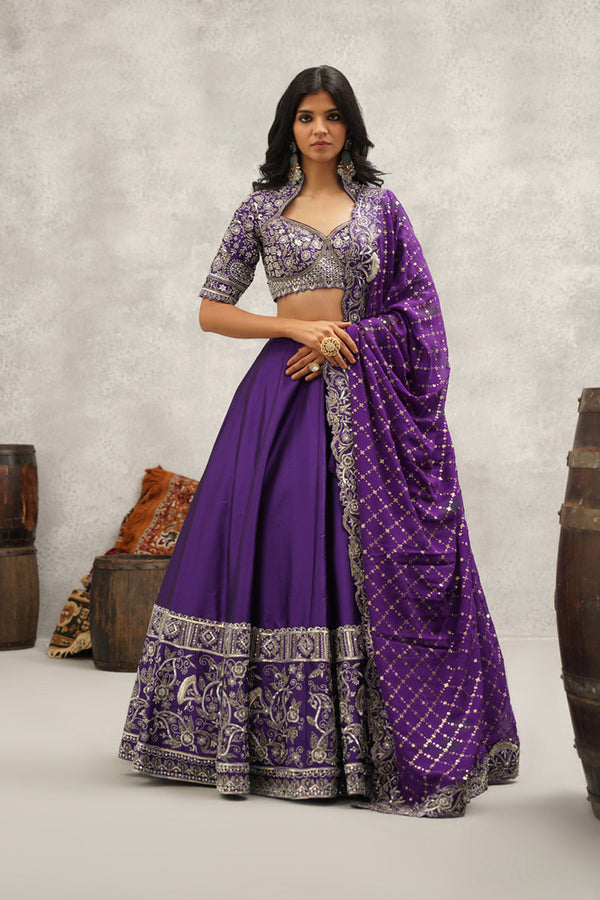 Purple Silk Embroidered Blouse, Lehenga And Dupatta Set