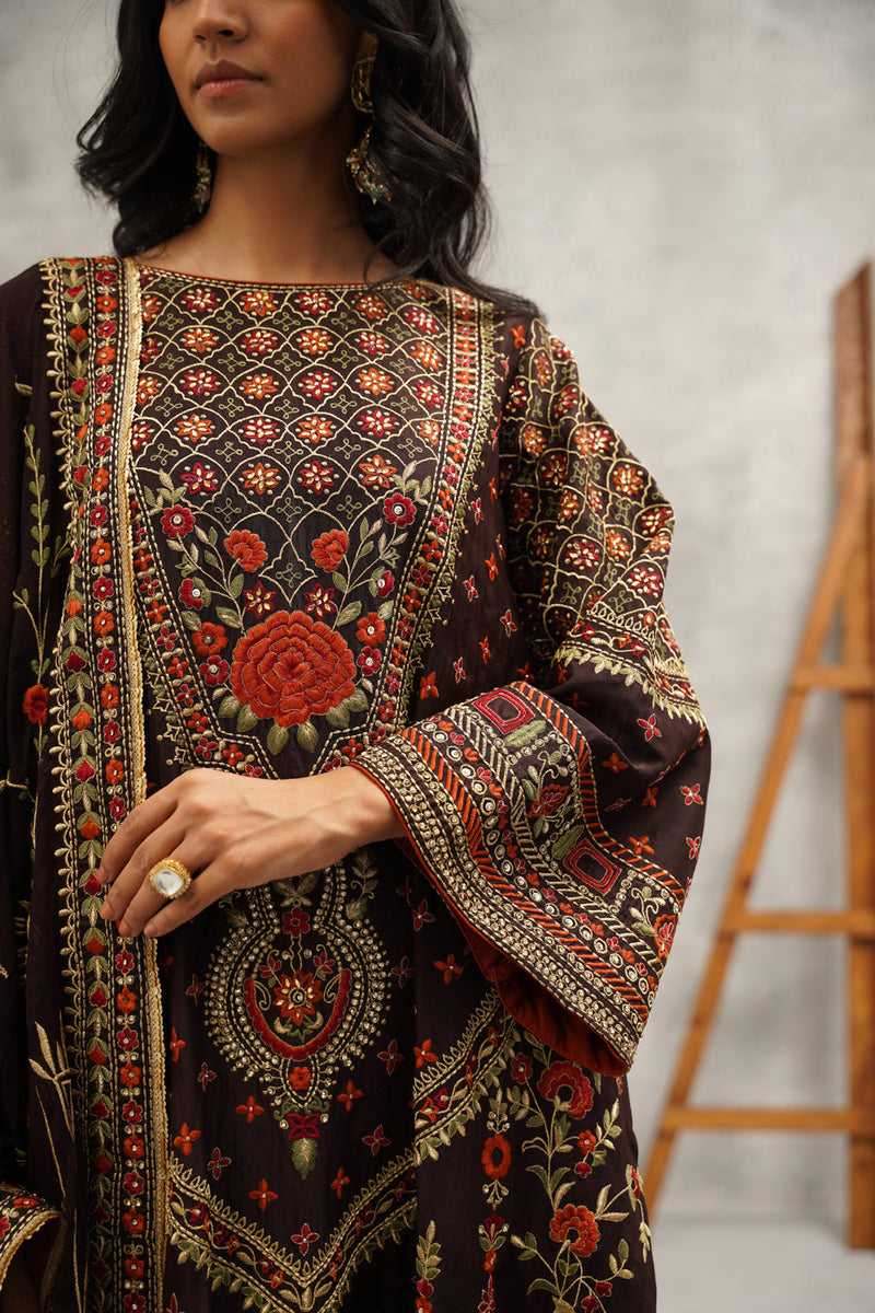 Brown Embroidered Suit Set