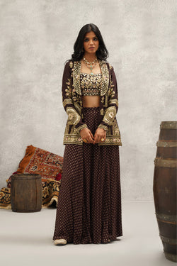 Brown Banarsi Georgette Embroidered Jacket, Crop Top And Sharara Set