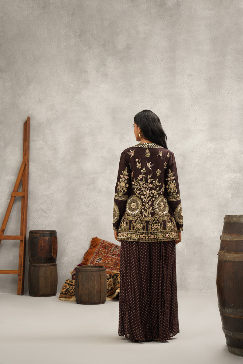 Brown Banarsi Georgette Embroidered Jacket, Crop Top And Sharara Set